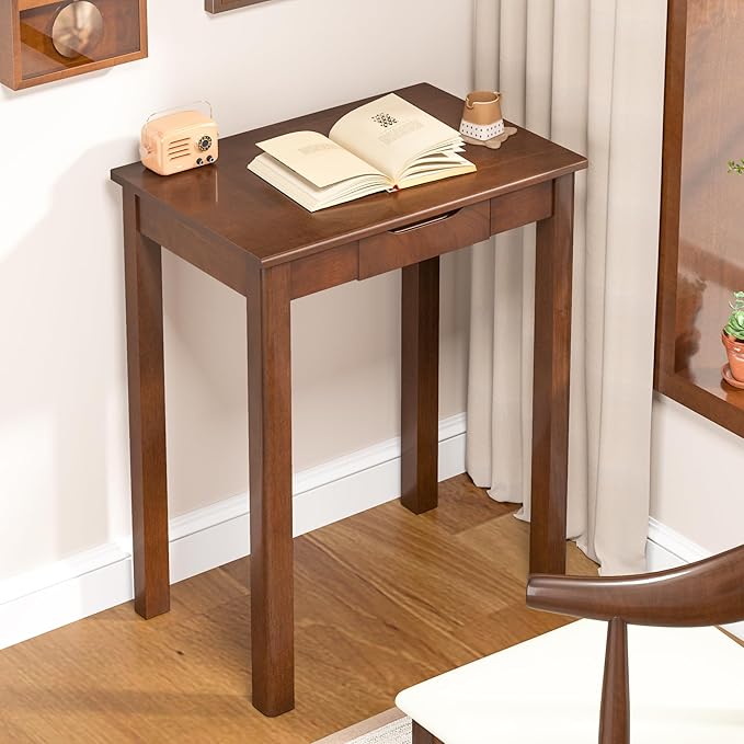 Solid Wooden Desk with Drawers - 24 x 16 Inch Vintage Narrow Desks, Mid Century Modern Desks, Rubber Wood Study Table, Small Writing Desk for Bedroom|Small Spaces - Walnut Color