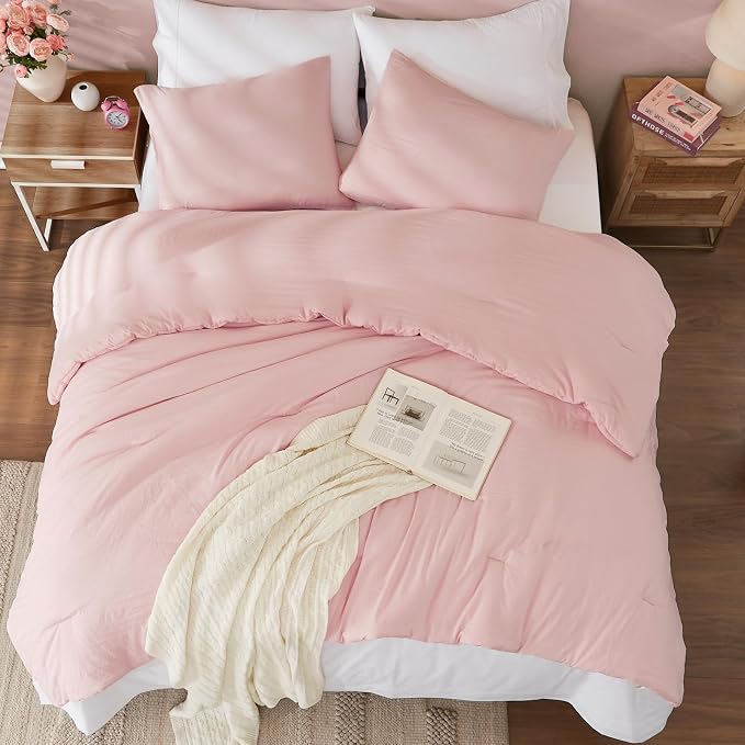 WRENSONGE Queen Comforter Set - 3 Pieces Prewashed Soft Pink Comforter Soft Lightweight for All Seasons,Down Alternative Comforters Queen Size with 2 Pillow Shams