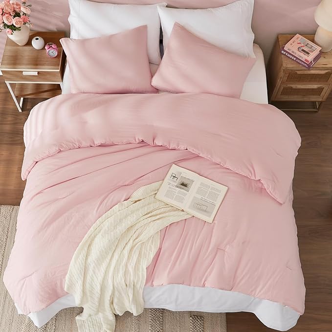 WRENSONGE Full Size Comforter Sets - 3 Pieces Soft Pink Comforter Prewashed Soft Lightweight for All Seasons, Fluffy Down Alternative Comforter Full Size with 2 Pillow Shams