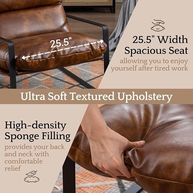 LukeAlon Modern PU Leather Accent Armchairs Set of 2, Upholstered Soft Living Room Chairs with Black Metal Legs Removable Thickened Cushion Sofa Chairs Lounge Chair for Bedroom Living Room, Brown