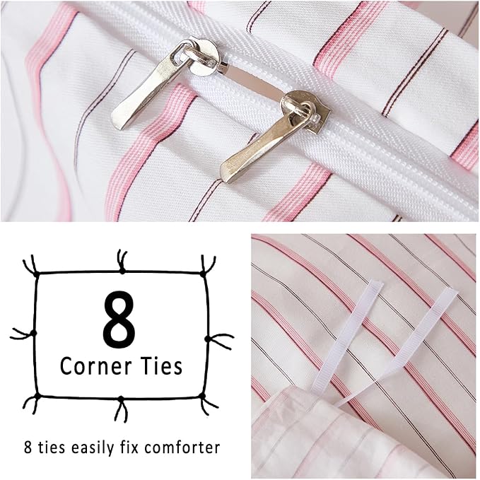 Merryword 100% Cotton Duvet Cover Set King Size - White & Pink Stripes Duvet Cover with Pillowcases, Soft Breathable Bedding Set Modern Minimalist Pinstripe Comforter Cover for All Seasons