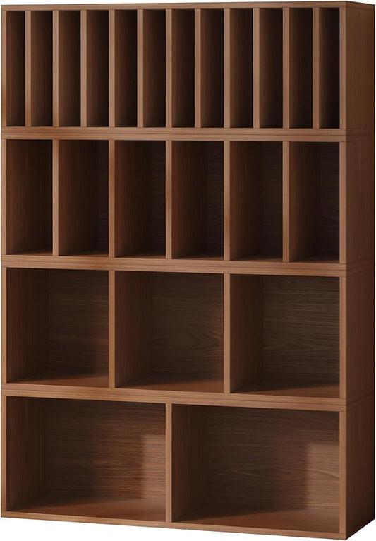 IOTXY DIY Modular Cube Bookcase - CubeXY Customizable Stackable Expandable Combination Set, 23-Cube Open Bookshelf for Books, Fabric Storage Bin, and Vinyl Record Organizer, Walnut