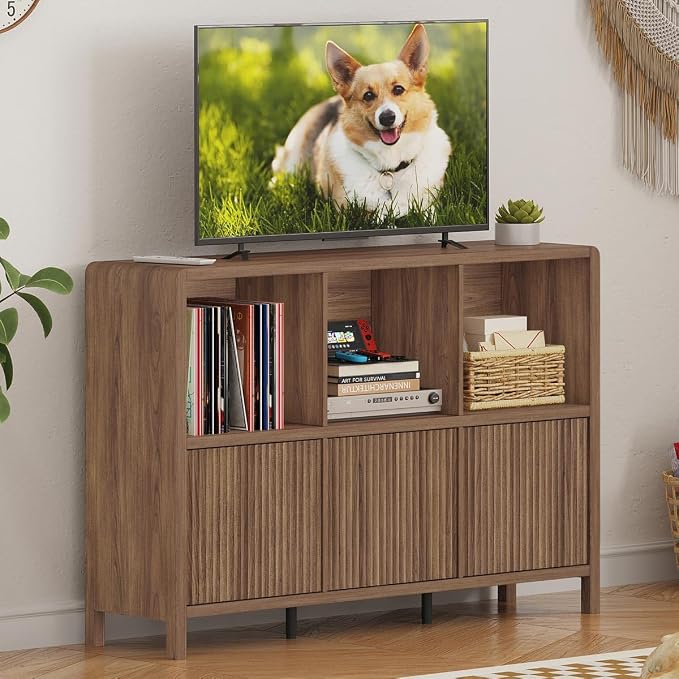 FATORRI 6 Horizontal Bookcase with 3 Doors, Low Farmhouse Cube Storage Organizer, Wood Bookshelf for Home Office, Bedroom, Living Room (Walnut)