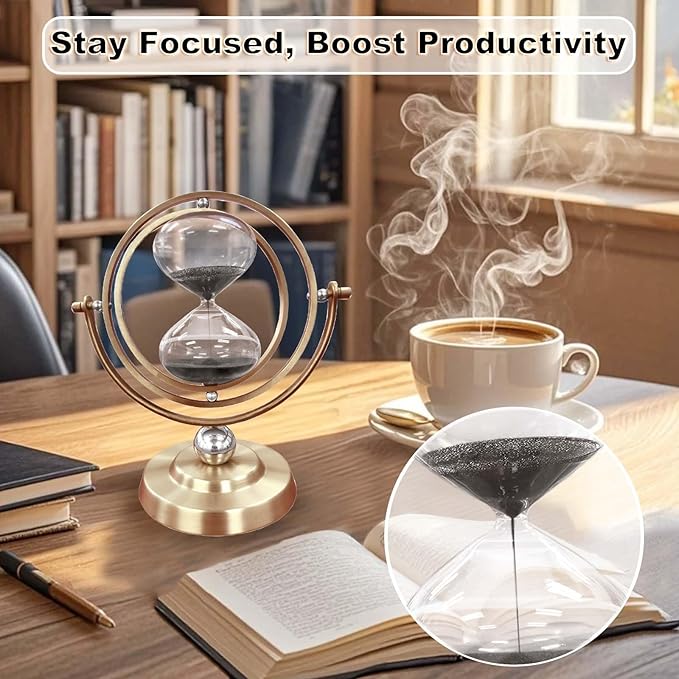 Brass Hourglass 30 Minute, 720° Rotating Vintage Metal Sand Timer, Large Black Sand Watch 30 Min, Unique Half Hour Glass Sand Clock for Gifts, Wedding, Home, Desk, Office Decoration