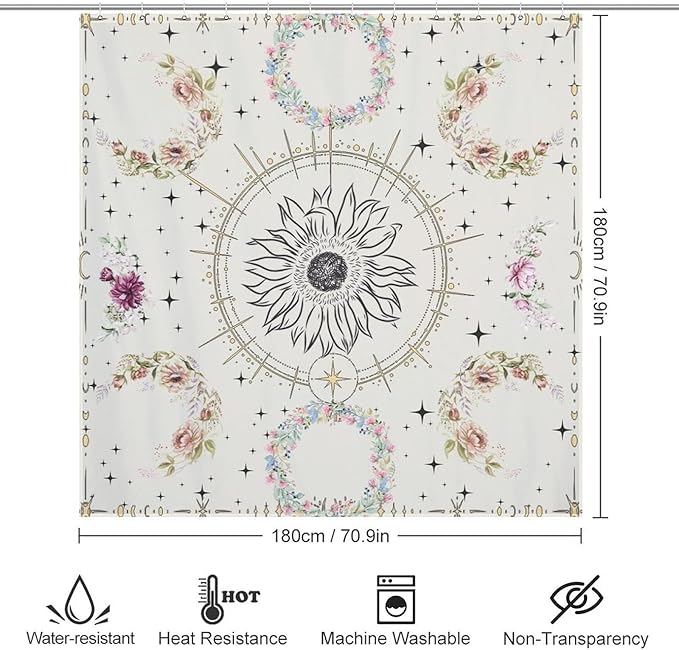 Moon Phase Flowers Shower Curtain Celestial Wildflower Plant Floral Boho Stars Vintage Flowers Art Waterproof Shower Curtains for Bathroom Decor 12 Pack Hooks 72x72in (183x183cm)