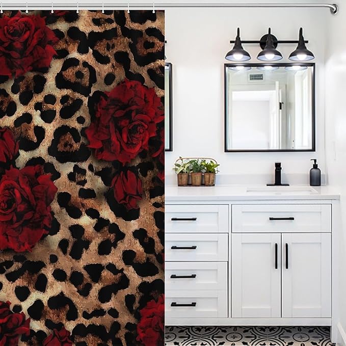 Leopard Rose Flower Shower Curtain Brown Wild Animal Skin Print Cute Red Rose Floral Valentine's Day Creative Modern Art Waterproof Shower Curtains for Bathroom Decor 12 Pack Hooks 66x72in（168x183cm）