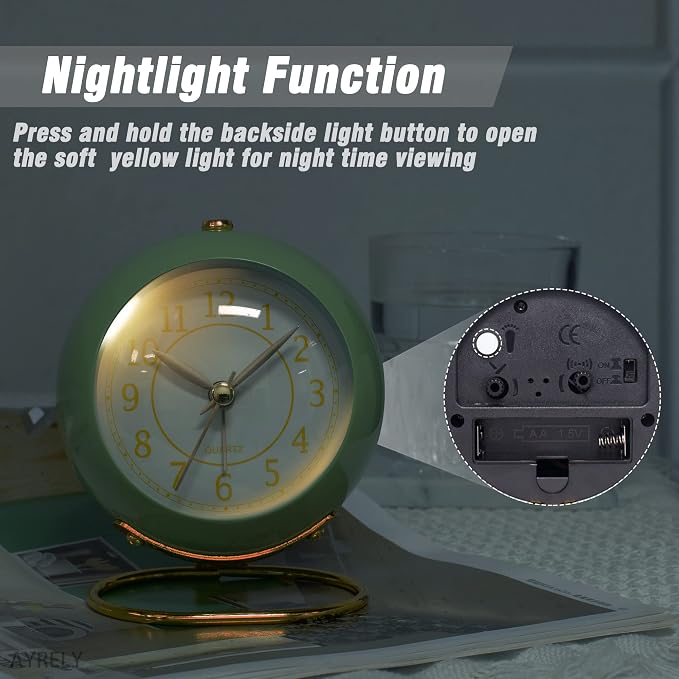 AYRELY® Battery Operated Desk Alarm Clock with Light,Silent No Ticking,Small Table Clock for Bedside/Bedroom/Living Room/Office/Travel/Kids/Room Decor Aesthetic Vintage (Green)