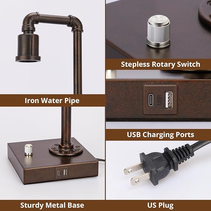 Industrial Table Lamp for Bedroom, Fully Dimmable Bedside Lamp with USB C+A Ports, Vintage Lamp with Water Pipe Design, Steampunk Table Lamps for Living Room, Dorm, Office, 6W LED Bulb Included