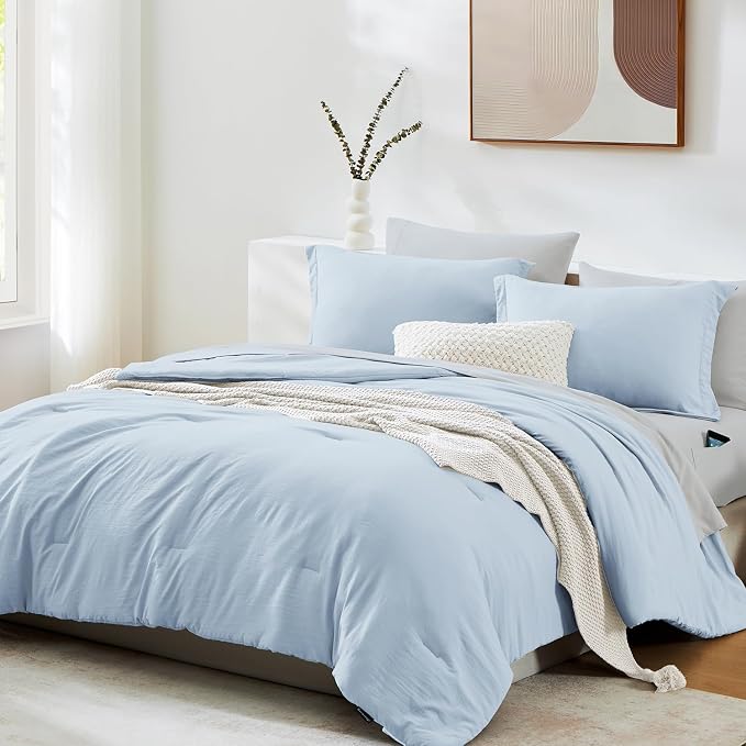 WRENSONGE Queen Comforter Set - 7 Pieces Ice Blue Soft Bed in a Bag Queen with Fitted Sheet, Flat Sheet, 2 Pillow Shams, and 2 Pillowcases- Warm Bedding Sets for All Season