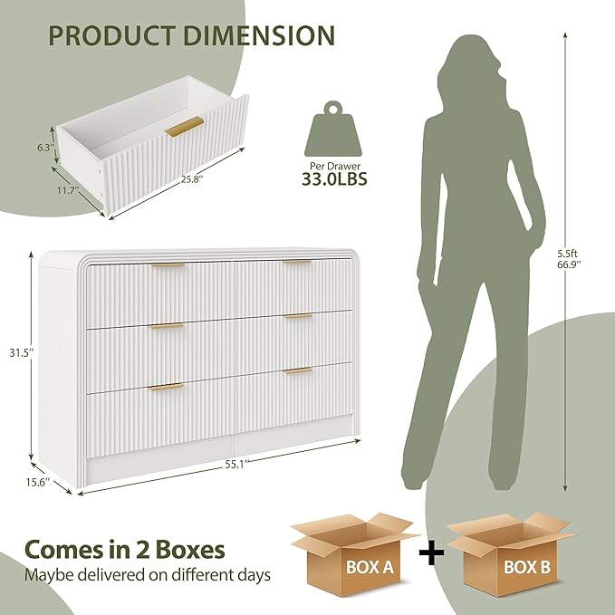 Fluted 6 Drawers Dresser for Bedroom, 55 Inch Wood Dressers with Gold Handles, Modern Dressers with Wave Texture, Large Storage Chest of Drawers, Bedroom Dresser Organizer (Pure White)