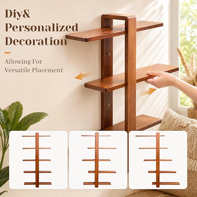 Pinkunn Floating Shelves for Wall, 5 Tier Wall Mounted Shelf Unit with 19.7 Inch Pine Wood Shelves and Walnut Frame, Decorative Plant Photo Book Display Shelf for Living Room Bedroom Bathroom