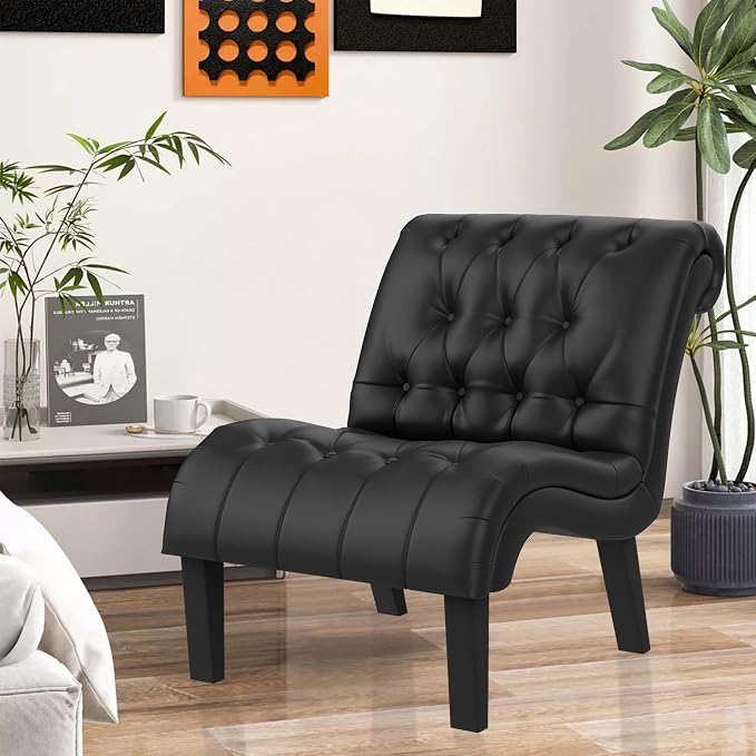 Black Faux Leather Accent Chair Modern Button Tufted Upholstered Armless Chair for Bedroom Living Room with Wood Legs