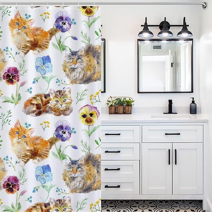 Cat Shower Curtain,Cute Cartoon Colorful Pets Paw Bathroom Curtain Polyester Waterproof Fabric Decor 72x72in（183x183cm）