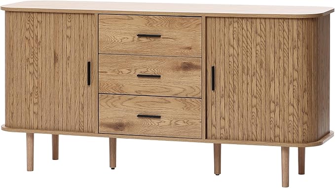 LuxenHome 59” Sideboard Buffet Cabinet with Storage, Mid Century Modern Sliding Door Sideboard Cabinet, Adjustable Shelves Wood Console Table with Storage Cabinets for Living Room, Kitchen