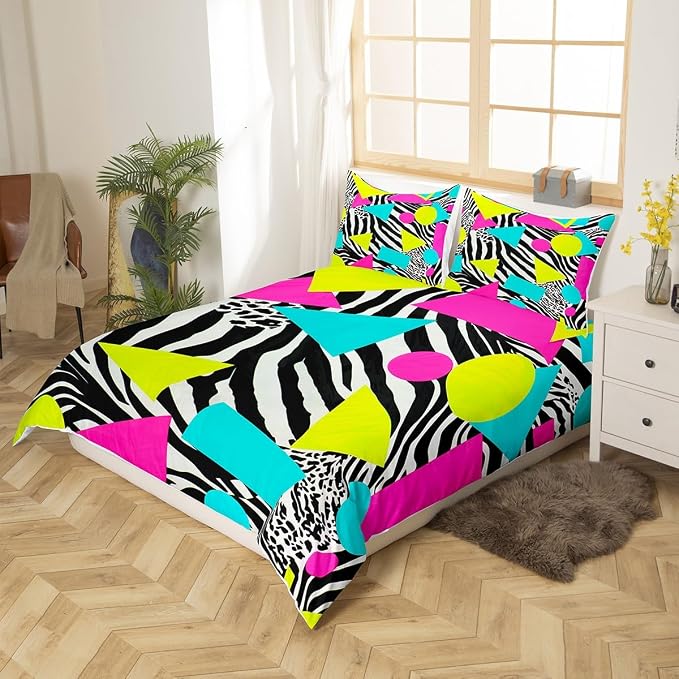 Memphis Duvet Cover Set Queen Size,Geometric Circle Triangle 80s 90s Hip Pop Bedding Set for Boys Girls,Leopard Print Zebra Skin Comforter Cover,Hippy Fashion Quilt Cover,2 Pillowcases(No Filler)