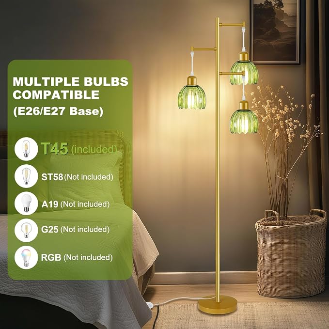 3 Light Flower Floor Lamps for Living Room,Modern Tree Floor Lamp with Foot Switch,Gold Floor Lamp with Glass Shade Vintage,Retro Standing Lamp Includes 3 Bulbs,Boho Tall Lamp for Bedroom Deco