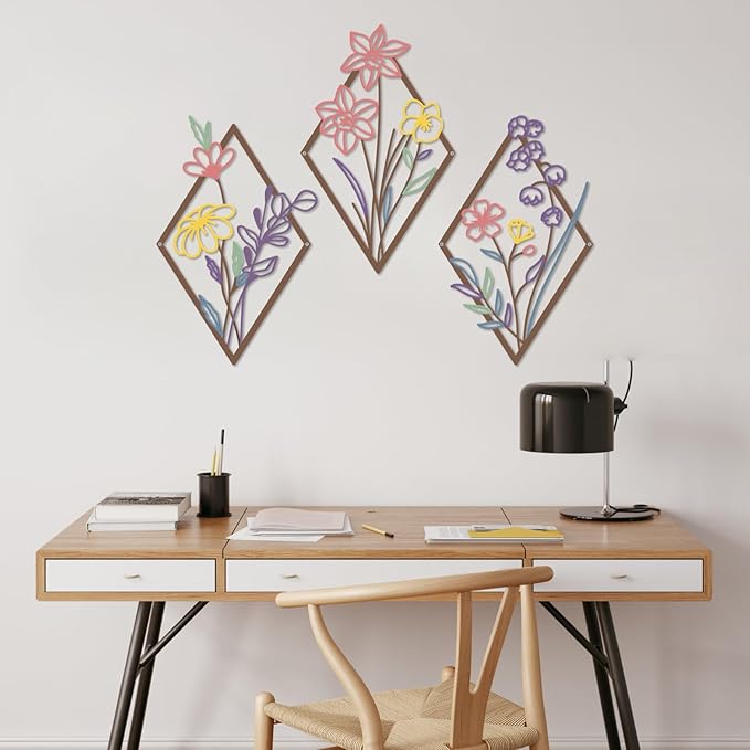 cape leadwort 3 Pcs Metal Flower Wall Decor, Minimalist Floral Wall Hanging Art, Abstract Line Floral Wall Art Sculpture for Bedroom Bathroom Living Room Kitchen Dining Room Office Hotel (Colorful)