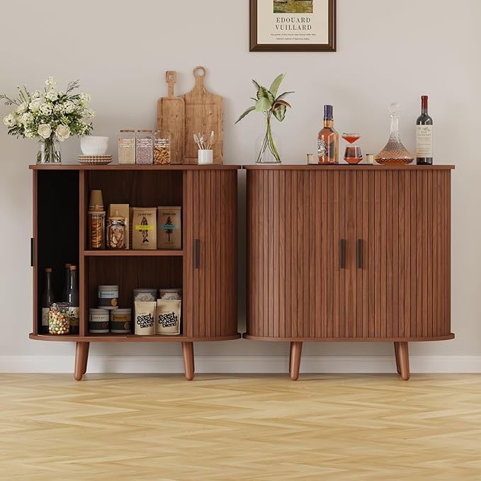31.5" Fluted Sideboard Buffet Cabinet with Tambour Storage Oval Curved Accent Console Table for Dining Room Kitchen Living Room (Walnut)