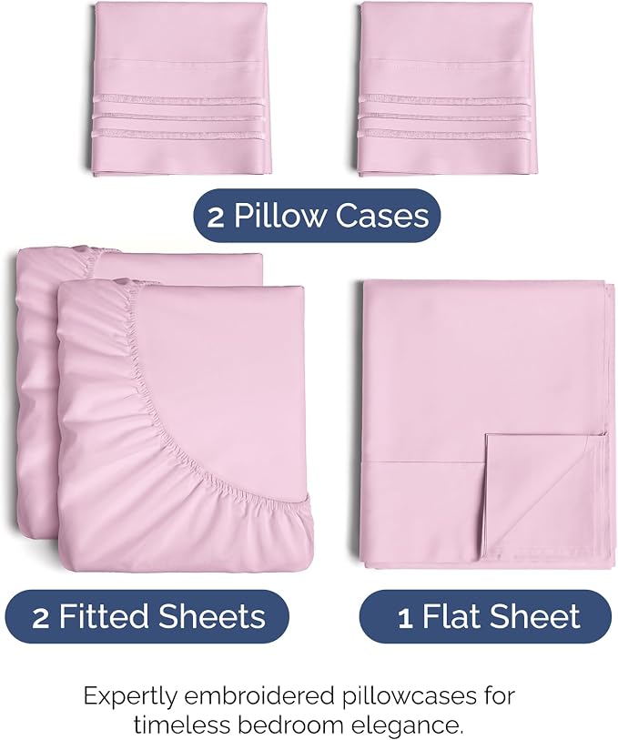 Split King Size 5 Piece Sheet Set - Comfy Breathable & Cooling Sheets - Hotel Luxury Bed Sheets for Women & Men - Deep Pockets, Easy-Fit, Soft & Wrinkle Free Sheets - Light Pink Oeko-Tex Bed Sheet Set