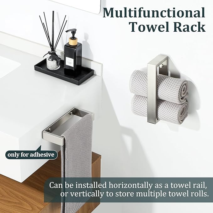 Sayayo Brushed Nickel Towel Bar for Bathroom Wall, 8 Inch Hand Towel Holder, Screw or Self Adhesive Towel Ring Square SUS304 Stainless Steel, 3.2 Inch Wider Design