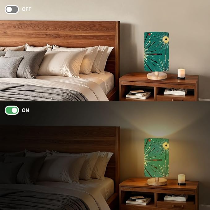 Bedside Table Lamp Atomic Seamless Atomic Starburst Mid Century Modern Green Black Blue 16-Way Dimmable Small Desk Lamp with Round Flaxen Fabric Shade for Nightstand Bedroom Living Room Home Decor