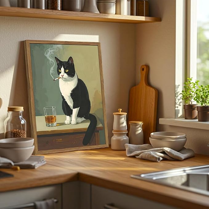 Funny Cat Wall Art Cute Black and White Tuxedo Cat with Cigarette Wall Decor Painting Vintage Animal Bar Poster Canvas Picture Print for Living Room Bedroom 16x24 inch Wood Framed