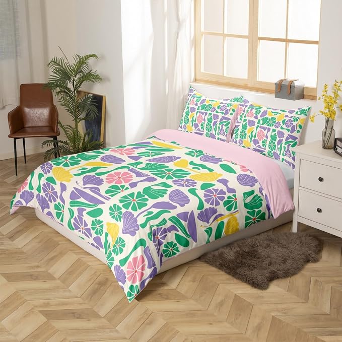 Erosebridal Retro Abstract Boho Colorful Floral Bedding Set Queen Mid Century Modern Duvet Cover Purple Green Pink Patchwork Geometric Comforter Cover for Kids Adults,Vintage Retro Botanical Bed Set