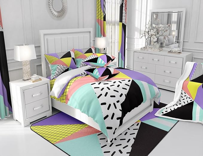Manfei Memphis Comforter Set King Size, Geometric Triangle Pattern Quilt Set with 2 Pillowcases, Retro 80s 90s Fashion Style Bedding Set 3pcs for Kids Boys Girls Lightweight Duvet Insert