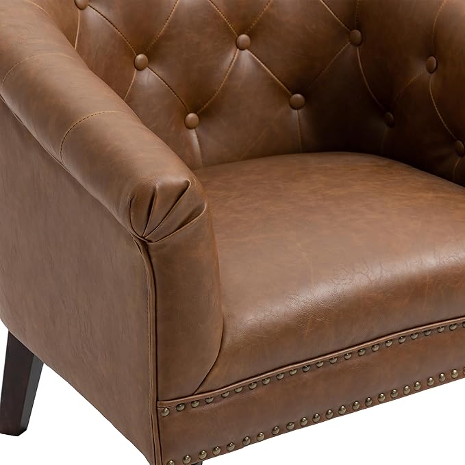 UIXE PU Leather Barrel Accent Chair, Modern Club Chair Upholstered Armchair for Living Room, Nailed Trim Arm Chair Comfy Single Sofa Bedroom Reading Seat, Brown