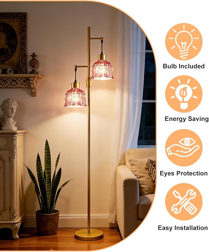2-Light Modern Glass Floor Lamp, Gold Tall Standing Lamp with Deep Red Flower Glass Shade for Reading, Dimmable LED Floor Lamp with 5Lbs Heavy Base for Living Room Bedroom Home Decor, Bulb Included