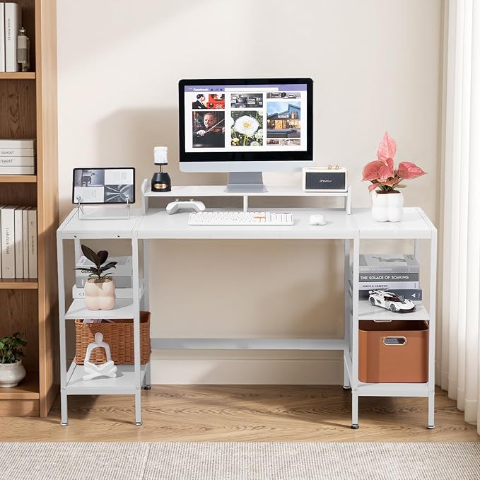 Computer Desk 55-inch with Storage Shelf - White Ideal Gaming Desk for Bedrooms, Small Spaces, and Home Offices Modern Writing Desk for PCs.