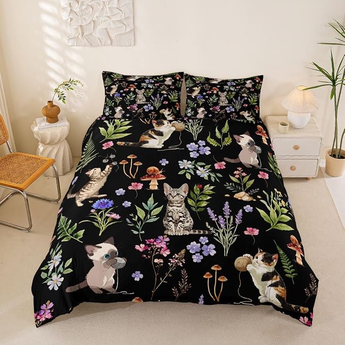 Erosebridal Cute Cat Comforter Cover Queen Kitten Cat Lovers Bedding Set Black Boho Watercolor Floral Duvet Cover for Kids Girls Boys Adults Funny Pet Animal Bed Set