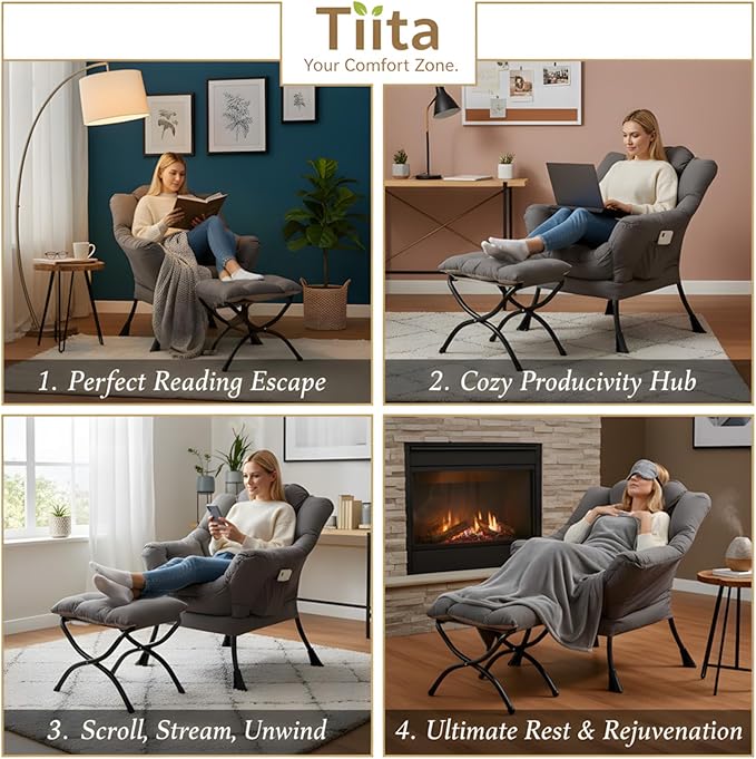 Tiita Modern Large Accent Chair with Ottoman, Comfy Leisure Sofa Armchair with Footrest, Reading Chair for Bedroom, Living Room, Dorm Rooms, Garden Dark Grey