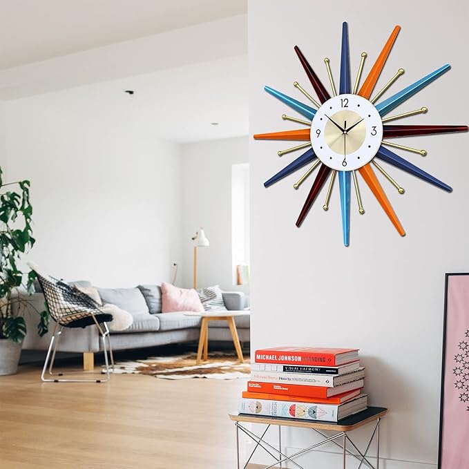 Large Wall Clock 31 Inch Modern Wall Clock Starburst Mid-Century Modern Decor Non-Ticking Battery Operated Colorful Clock Home Decorations for Living Room Bedroom Kitchen Office