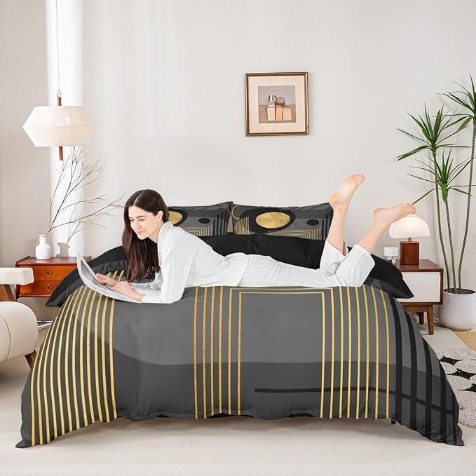 Erosebridal Gray Black Abstract Boho Queen Comforter Cover Mid Century Modern Duvet Cover Minimalist Aesthetic Neutral Bed Set Botanical Leaves Simple Bedding Set