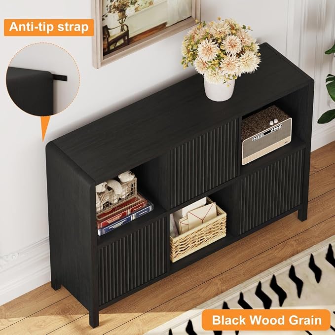 FATORRI 6 Cube Storage Organizer, Horizontal Bookcase with 3 Doors, Low Wood Bookshelf for Home Office, Bedroom, Living Room (Black)