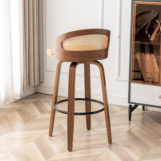 26" Swivel Rattan Bar Stools Set of 3,Mid-Century Modern Orange Leather Upholstered Counter Height Stools,Kitchen Island Barstools with Rattan Low Backrest,Walnut Wood Finish Bar Chair