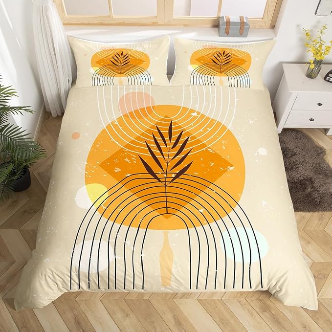 Erosebridal Geometric Stripe Bedding Sets Twin Retro Aesthetic Comforter Cover, Beige Minimalism Bed Set Modern Artwork Duvet Cover, Mid Century Quilt Cover with 1 Pillowcase Super Cozy