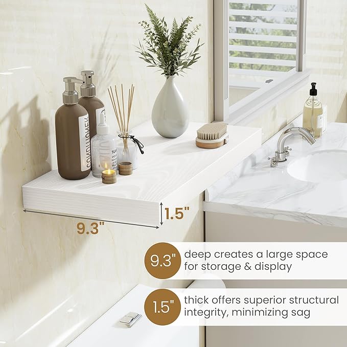 Fun Memories 40 Inch Floating Shelves in White, 9.3 Inch Deep Floating Shelf for Bathroom Living Room Kitchen, Rusitc Wall Mounted Bathroom Shelves 2 Pack, Heavy-Duty Deep Shelf for Books Decor