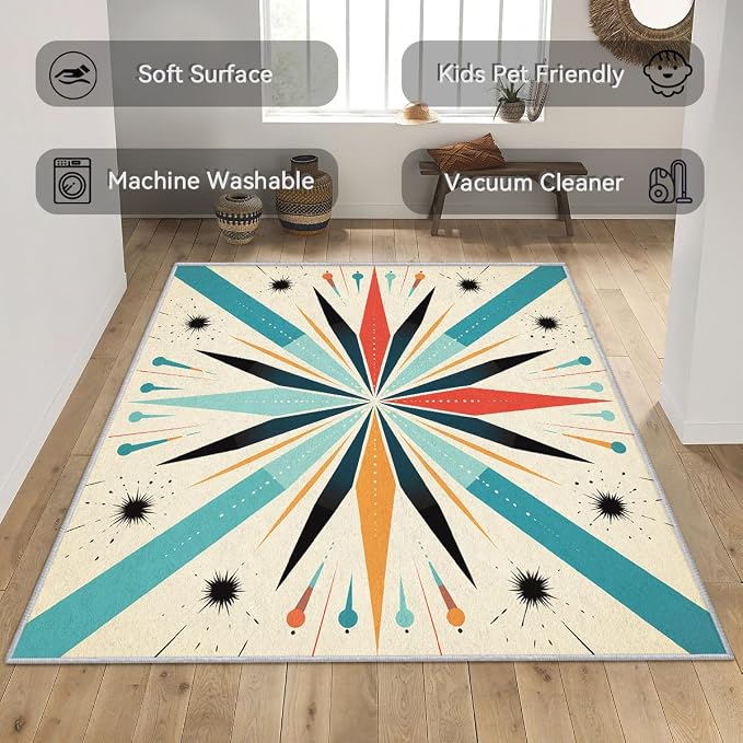 Mid Century Modern Rug 5x6, Washable Retro Sun Rugs for Living Room Bedroom, Atomic Geometric Area Rug for Home Decor, Non Slip Backing Floor Carpet with Gripper - 5 x 6 ft