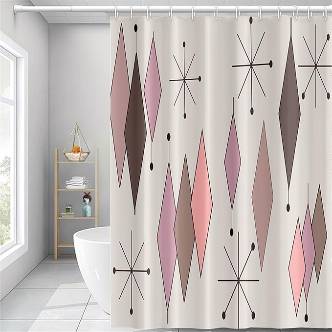 Mid Century Shower Curtain Vintage Abstract Pink Brown Diamond Geometric Atomic Starburst Pattern for 1950s Retro Bathroom Decor Accessories Shower Curtain Set with 12 Hooks, 72x84 Inches