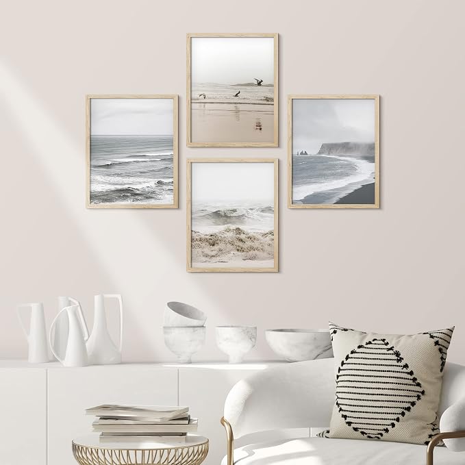 SIGNWIN Framed White Minimal Ocean Beach Seashore Coastals Wall Art, Set of 4 Landscape Colorful Wall Decor Prints, Nature Wilderness Wall Décor for Living Room, Bedroom - 12"x16" Natural