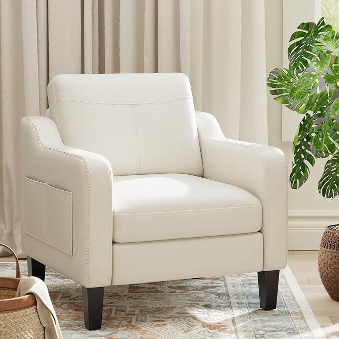 MALOL PU Leather Accent Chair Set of 2, Mid-Century Modern Living Room Armchair Sofa with Removable Cushions, Solid Wood Frame & Stitched Armrest Design, Bedroom Chair with Plastic Legs, Beige