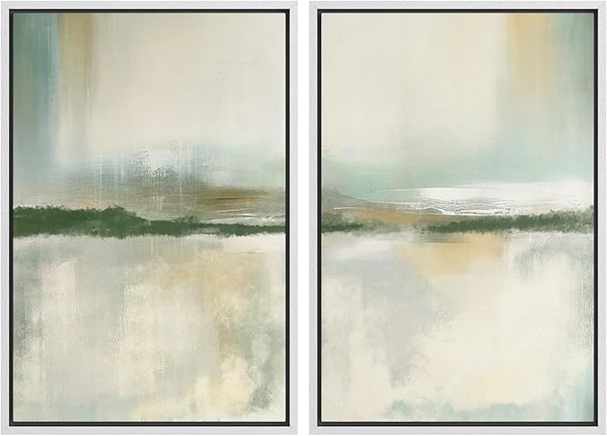 IDEA4WALL Framed Canvas Print Wall Art Set Serene Lake Landscape Abstract Illustrations Modern Art Decorative Coastal Cottage Seascape for Bedroom - 24"x36"x2 White