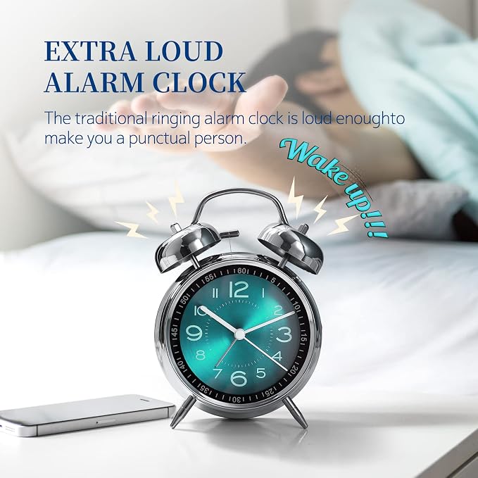 Tetino Super Loud Alarm Clock for Heavy Sleepers,4 inches Twin Bell Alarm Clock with Backlight,Battery Operated,Silent Non Ticking,for Kids,Adults,Bedrooms,Retro Decor Desk Analog Clocks. (Green)