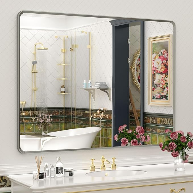 OKPAL 40 x 36 Silver Bathroom Mirror, Brushed Nickel Bathroom Vanity Mirror, Rounded Rectangle Beveled Silver Framed Mirror, Anti-Rust, HD Tempered Glass Wall Mirror(Horizontal/Vertical)