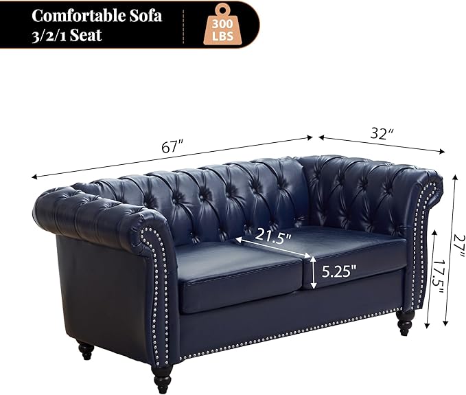 LEVNARY Chesterfield Loveseat, 2 Seater Tufted Couch for Living Room, Classic Button Tufted Upholstered Sofa, Modern Mid-Century PU Leather Loveseat (Blue)