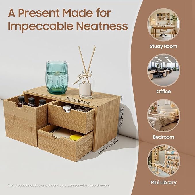 Ringmaster Bamboo Desk Organizer with 3 Drawers,Mini Desktop Organizer Drawer Tabletop Storage Organization Box for Office Home Supplies