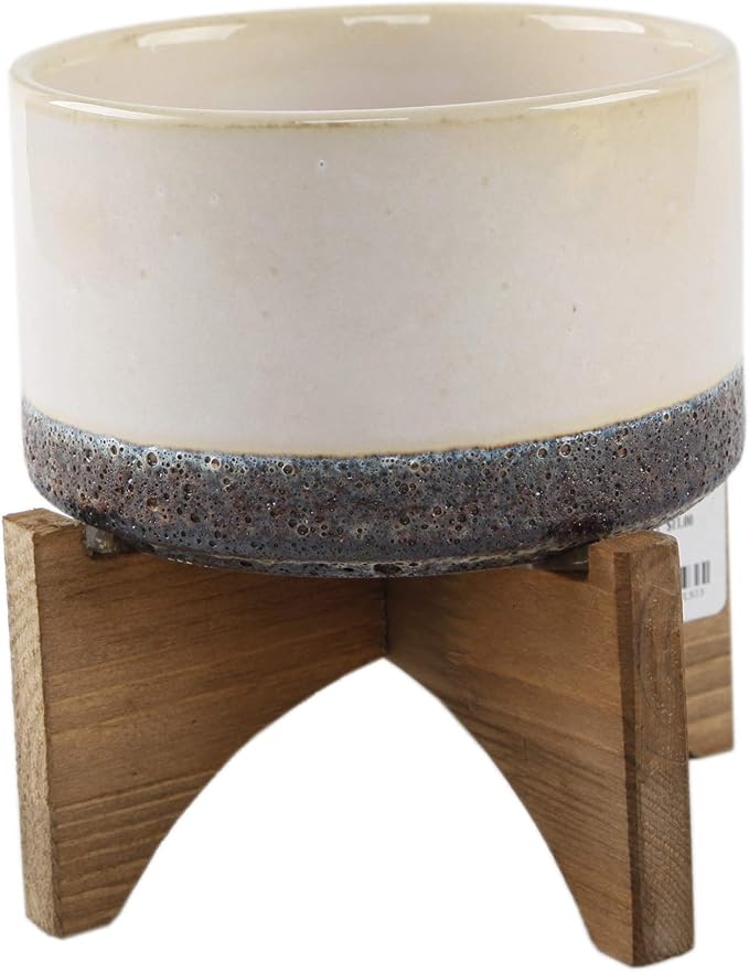 Flora Bunda Mid Century 5.1 inch Lava Ceramic ON Wood Stand,Grey
