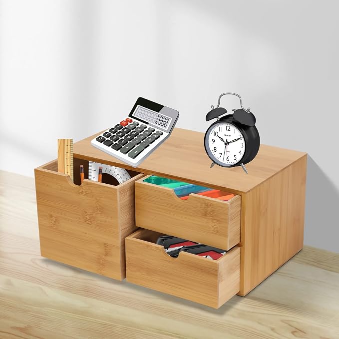 Bamboo Desk Organizer Small Retro Bamboo Tabletop Storage Box with Drawers& Recess Handles for Office Home Supplies Table Storage Collector 13 * 7.5 * 6in (3 Drawers/1 Left&2 Right)